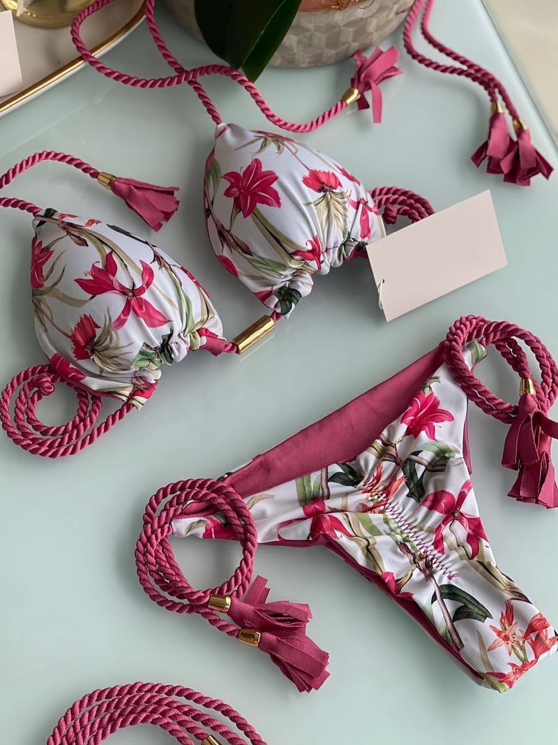 Printed Fabric Rope Bikini Triangle Swimsuit Swimwear - Image 1